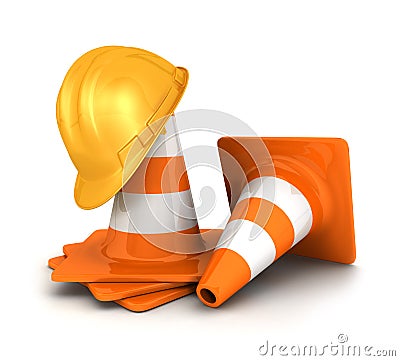 3d traffic cones and a safety helmet Stock Photo