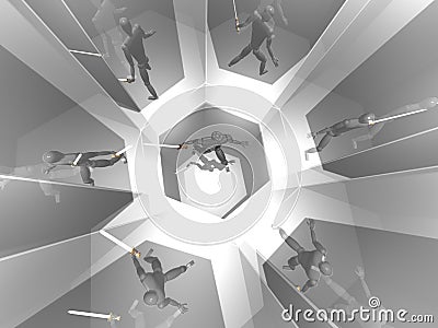 3D warrior in silver mirror room Stock Photo