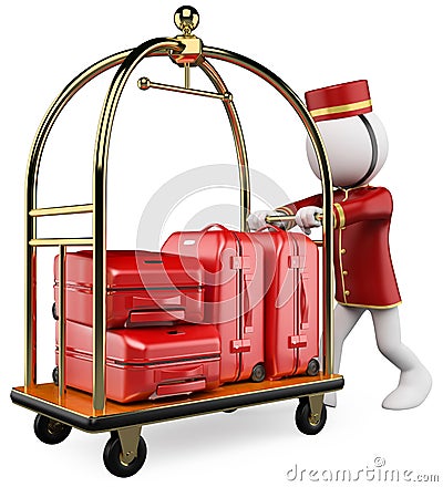 3D white people. Hotel luggage cart Stock Photo