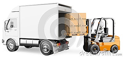 3D white people. Worker loading a truck with a forklift Stock Photo