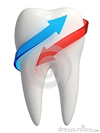 3d white tooth icon - Blue and red arrow Stock Photo