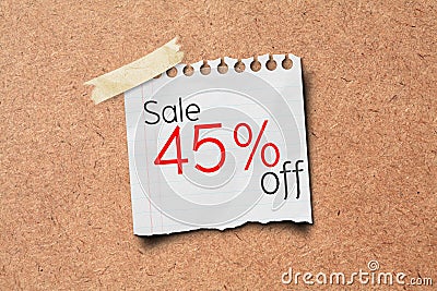 45% sale off promotion paper post on Cork Board Stock Photo