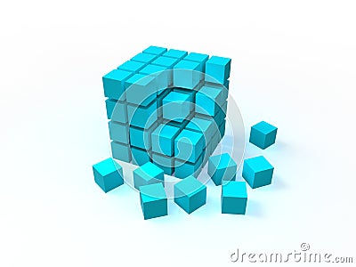 4x4 blue disordered cube assembling from blocks Stock Photo