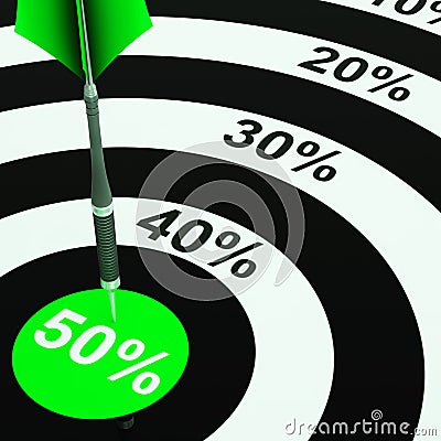 50Percent On Dartboard Showing Price Clearances Or Cheap Product Stock Photo