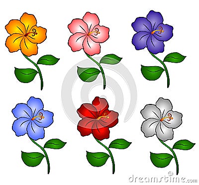 6 Hawaii Hibiscus Flowers Cartoon Illustration