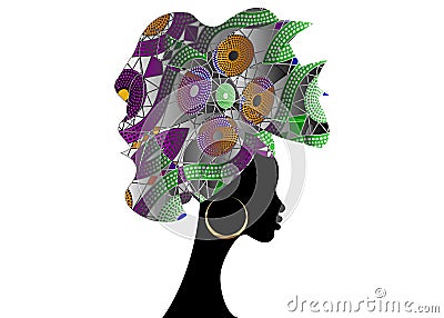 African wedding hairstyle Head wrap, colorful head scarf, beautiful portrait Afro Woman in Traditional Head tie Scarf Turban. Afro Vector Illustration
