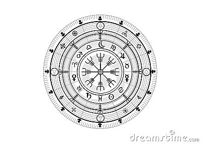 Wiccan symbol of protection. Vegvisir, The Viking Compass, Mystic Wicca divination. Ancient occult symbols, Earth Zodiac Wheel Vector Illustration