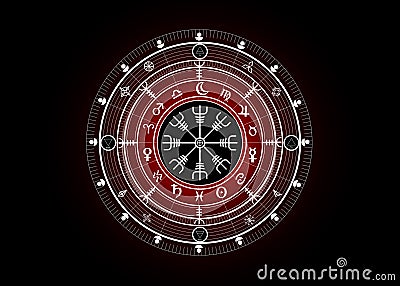 Wiccan symbol of protection. Vegvisir, The Viking Compass, Mystic Wicca divination. Ancient occult symbols, Earth Zodiac Wheel Vector Illustration