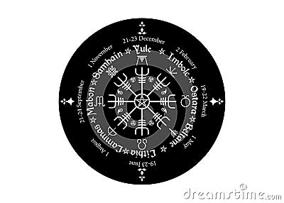 Wheel of the Year is an annual cycle of seasonal festivals, observed by many modern Pagans. Wiccan calendar and holidays isolated Vector Illustration