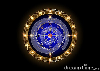 Wheel of the Year is an annual cycle of seasonal festivals, observed by many modern Pagans. Wiccan calendar and holidays isolated Vector Illustration