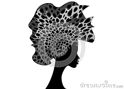 Beautiful portrait Afro Woman in Traditional Head tie Scarf Turban in leopard texture. African wedding hairstyle Head wrap Vector Illustration