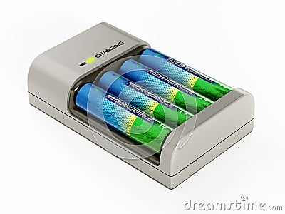 AA sized rechargeable batteries inside battery charger. 3D illustration Cartoon Illustration