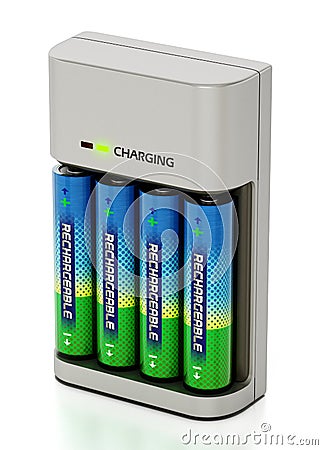 AA sized rechargeable batteries inside battery charger. 3D illustration Cartoon Illustration