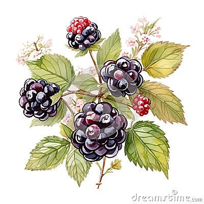 blackberries shrub with blossoms and berries painted in watercolor style Cartoon Illustration