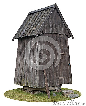 Aabandoned wooden vintage rural locked shed barn for storage of firewood and agricultural tools isolated Stock Photo