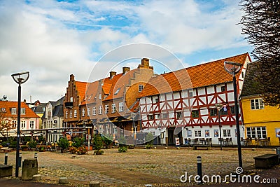 Aalborg, Denmark: Beautiful street with houses in the center of the old town Editorial Stock Photo