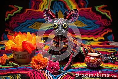 aalebrije on a handwoven mexican blanket with clay pottery around Stock Photo
