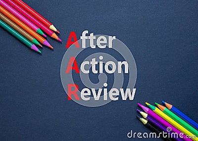 AAR After action review symbol. Concept words AAR After action review on beautiful black paper. Beautiful black background. Stock Photo
