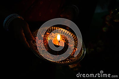 AARTI KI THALI DURING PUJA || DIWALI PUJA Stock Photo