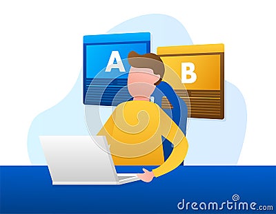 AB testing, split test. Bug Fixing, User Feedback. Homepage landing page template. Vector stock illustration. Vector Illustration