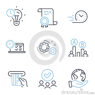 Ab testing, Time management and Credit card icons set. Gears, Fast delivery and Online test signs. Vector Vector Illustration