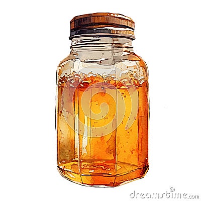 Glass jar with amber colored honey, watercolor illustration, a Cartoon Illustration