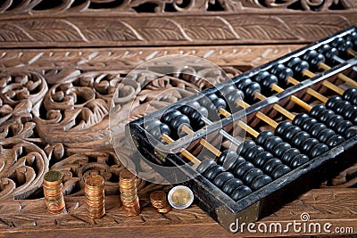 Abacus on Thai style teak wood carving Stock Photo