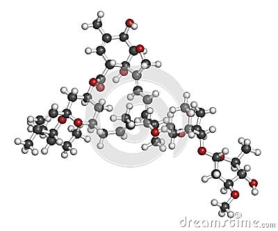 Abamectin insecticide molecule. 3D rendering. Atoms are represented as spheres with conventional color coding: hydrogen white,. Stock Photo
