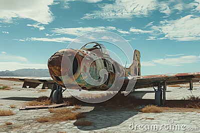 An abandoned aircraft, covered in rust, sits motionless atop a dry grass field, An old rusty fighter aircraft forgotten in a Stock Photo