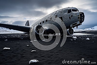 Abandoned airplane on the black sand in Iceland. Toned, An abandoned airplane rests solemnly on a desolate black sand beach, AI Stock Photo