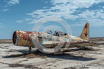 An abandoned airplane, covered in rust, sits motionless on top of a dry grass field, An old rusty fighter aircraft forgotten in a Stock Photo