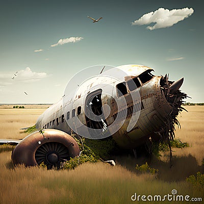 Abandoned airplane in the field. 3d illustration. Vintage style. Cartoon Illustration