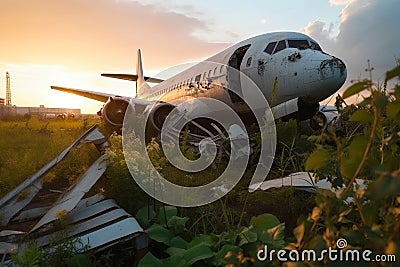 Abandoned airplane in the field at sunset. Generative AI Stock Photo