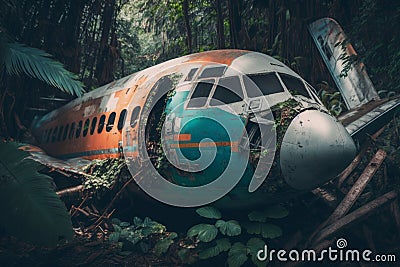 Abandoned airplane in the forest, vintage style. Generative AI Stock Photo