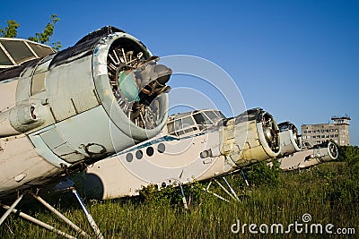 Abandoned airport. Old Soviet aircraft Antonov An-2 Stock Photo