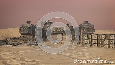 Abandoned alien outpost in a desert landscape. Sci-Fi fantasy concept 3D illustration Stock Photo