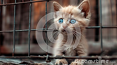 abandoned alone little red kitten with blue and very sad eyes with hope. banner Stock Photo