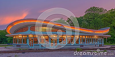 An abandoned amusement park overgrown with ivy, in the rays of the settin Stock Photo