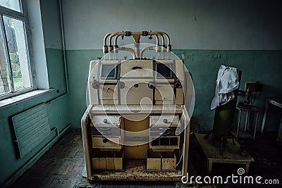 Abandoned analytic laboratory in old empty flour mill factory Stock Photo