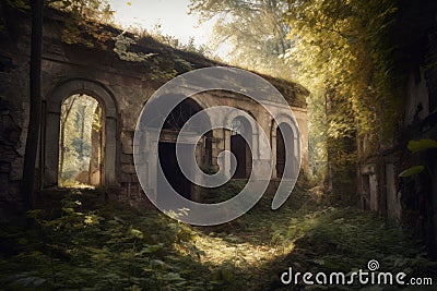 Abandoned ancient building in green forest. Generate Ai Stock Photo