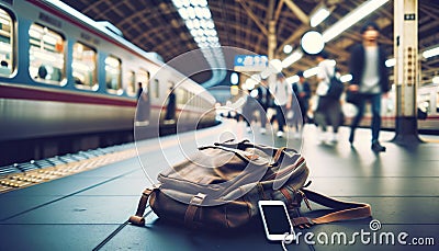 Abandoned Backpack and Phone in Japanese Train Station Stock Photo