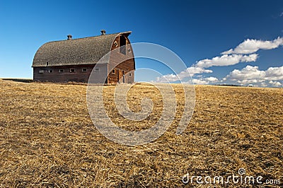 Abandoned barn in harvested wheat field Stock Photo