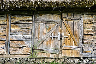 Abandoned barn vintage wooden door. Photo of rustic house entrance Stock Photo