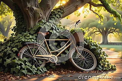 Abandoned Bicycle Rests Against an Ancient Oak Tree: Tendrils of Ivy Encircling its Rusting Frame, Lost in Time Stock Photo