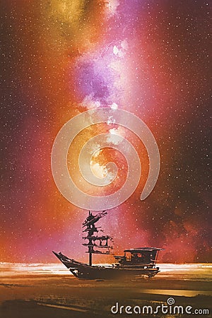 Abandoned boat against stary sky with Milky Way Cartoon Illustration