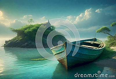 Abandoned Boat in Green Seascape Stock Photo