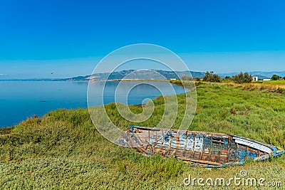 Abandoned boat remains on a beach Stock Photo