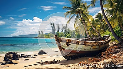 Abandoned boat on shore of island with a palm trees Stock Photo
