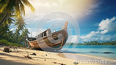 Abandoned boat on shore of island with a palm trees.Wrecked boat on a beach Stock Photo