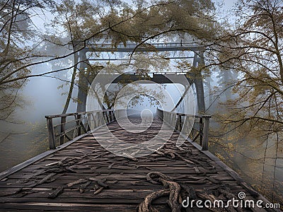 abandoned bridge with fog in the forest Stock Photo